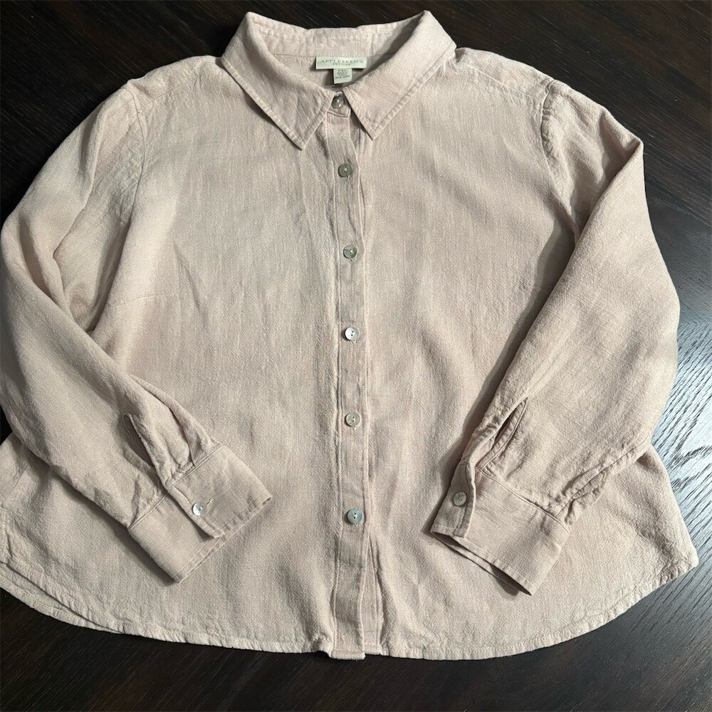 Appleseed’s Petites Button-Up Shirt Womens PXL Beige Linen Blend‎ Collared Top